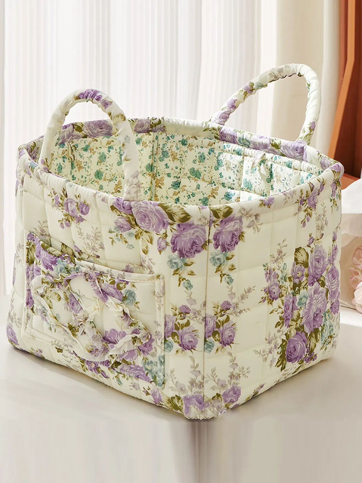Floral Pattern Fabric Decorative Storage Basket, Portable Home Organizer for Kitchen, Bathroom and Office, Flower, Bathroom Storage Baskets
