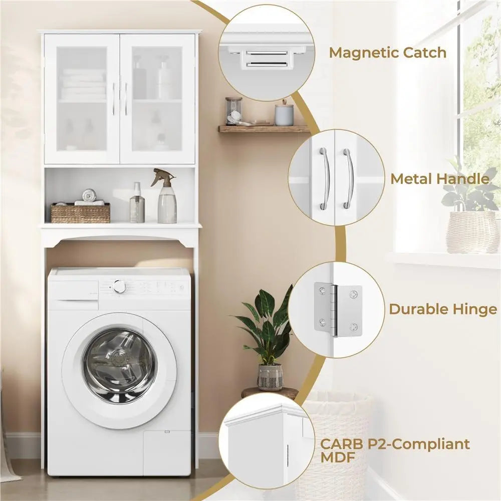 Costoffs Modern Over-The-Toilet Storage Cabinet, Space-Saving Indoor Bathroom Cupboard with Adjustable Shelf, Tempered Glass Doors, Open Shelf, White Unit for Bathroom Organizers,dorm essentials,home decor