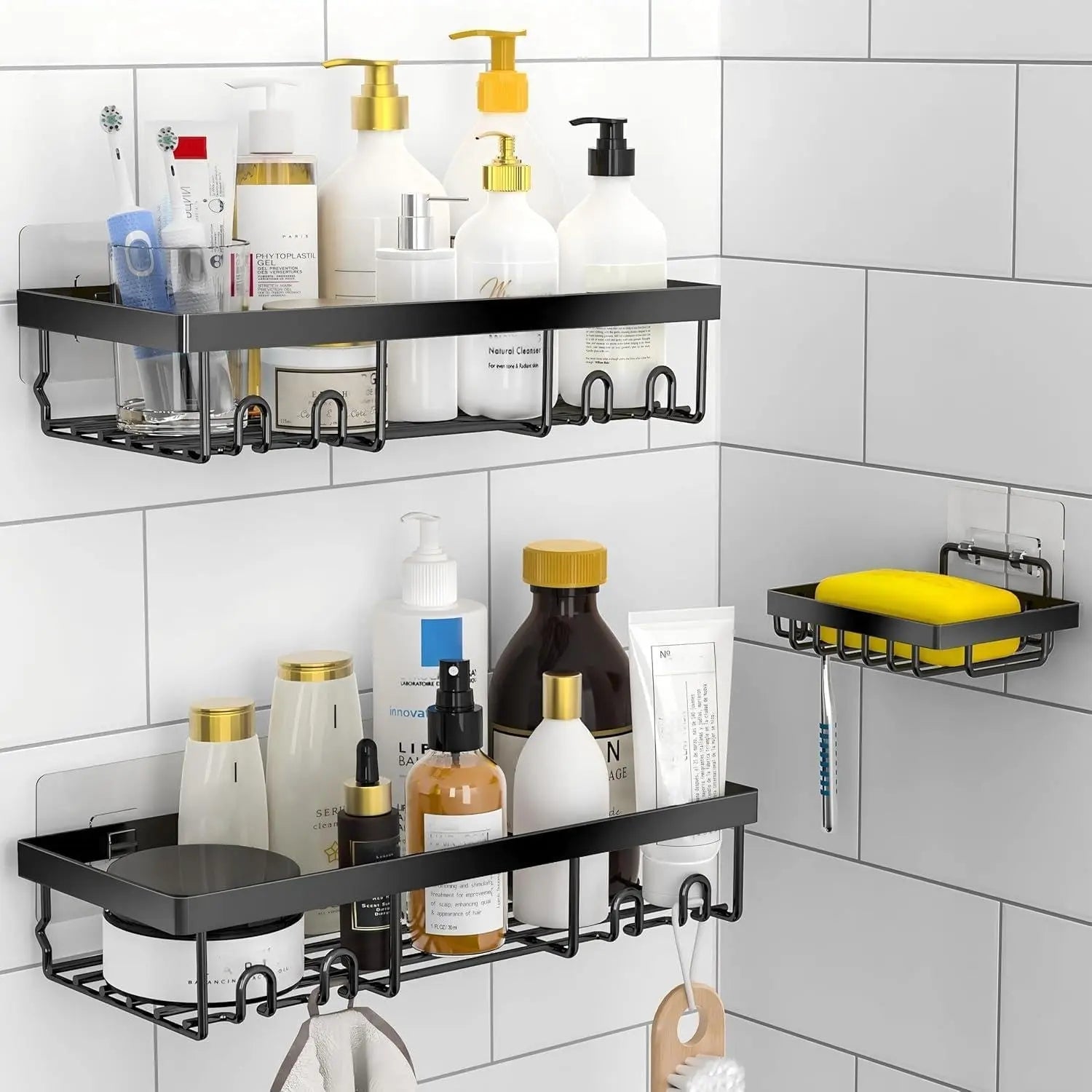 3-Pack Stainless Steel Shower Caddy Baskets with Soap Holder, No-Drilling Traceless Adhesive Wall Shelves, Rust-Resistance Black Bathroom Storage Organizer