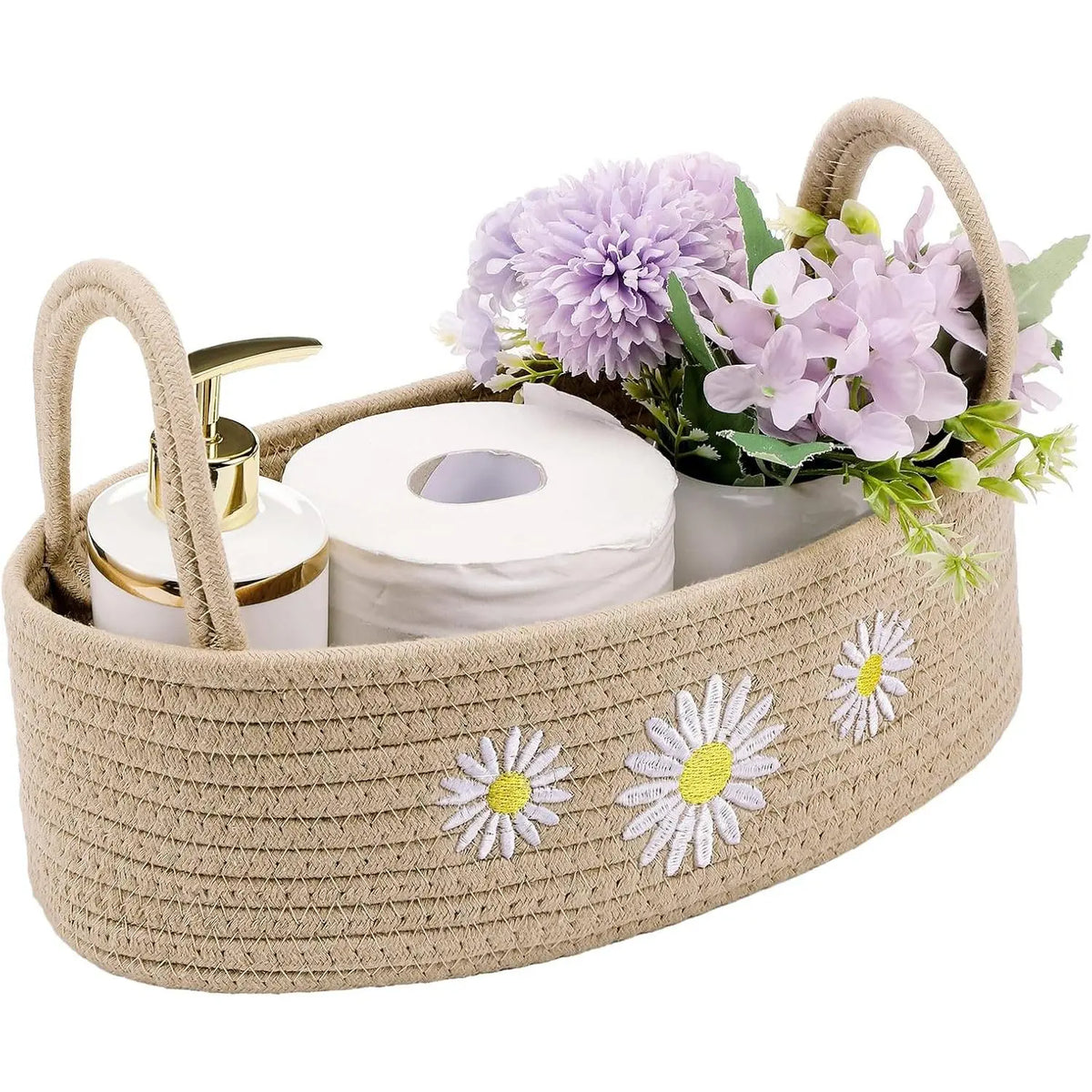 Magnolia Woven Storage Basket for Toilet  Top Boho  Rope Bathroom Countertop Organizer Basket with Handle Green Bathroom Decor for Bedroom  Toys Organizing, 13 x 6 x 4 Inch