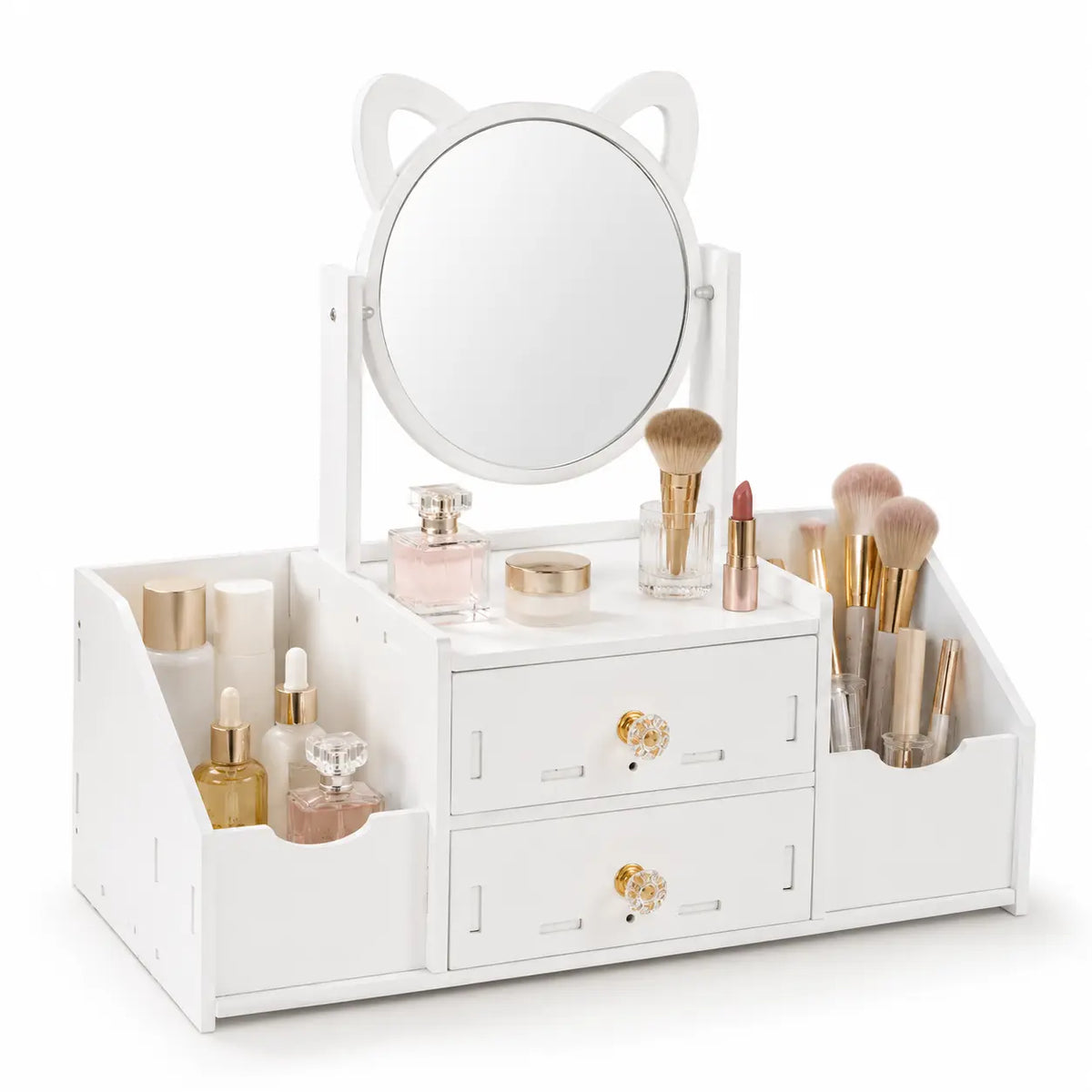 Makeup Organizer with Mirror and 2 Drawers, Desktop Vanity Storage Box with Multiple Compartments for Cosmetics, Skincare, Jewelry and Perfume