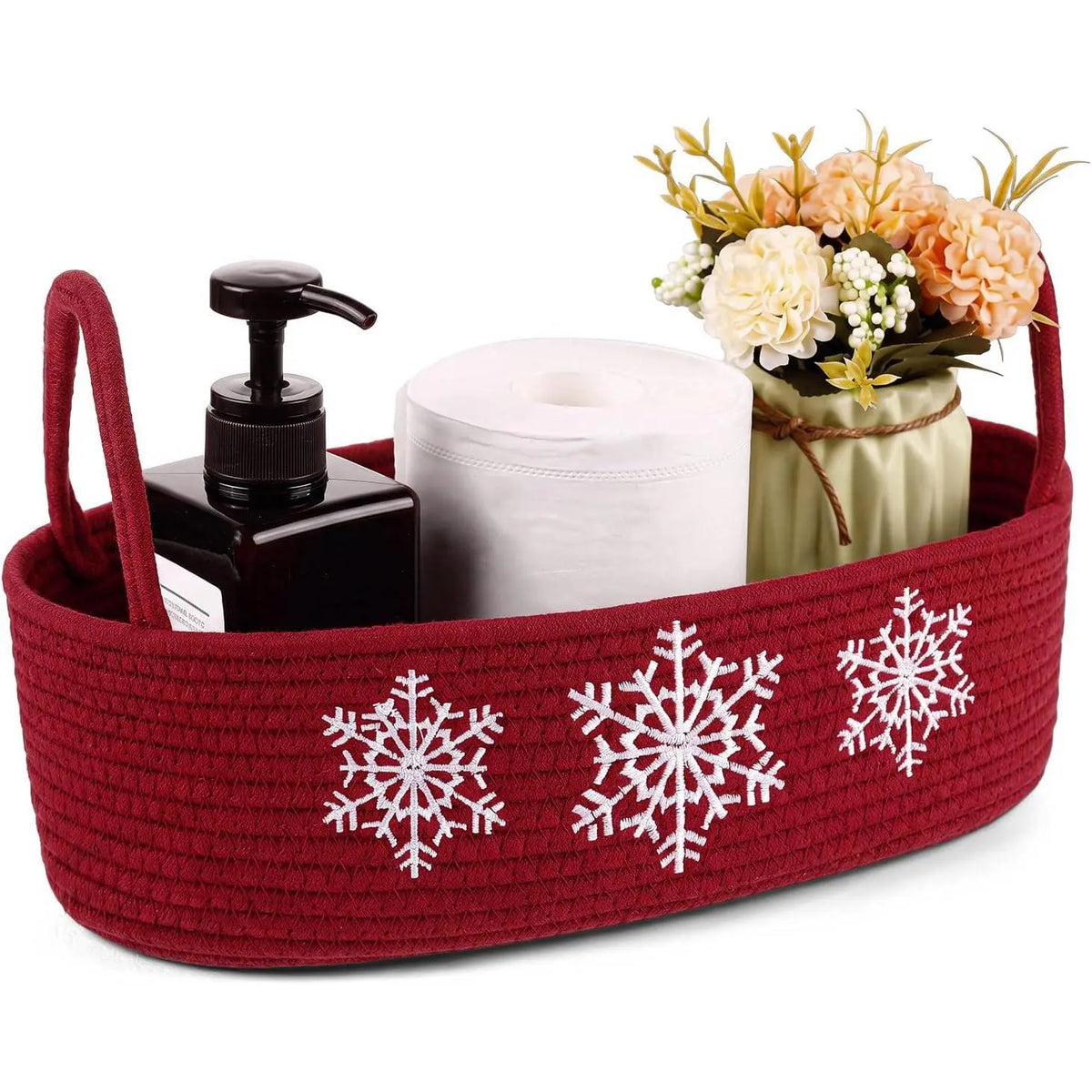 Magnolia Woven Storage Basket for Toilet  Top Boho  Rope Bathroom Countertop Organizer Basket with Handle Green Bathroom Decor for Bedroom  Toys Organizing, 13 x 6 x 4 Inch