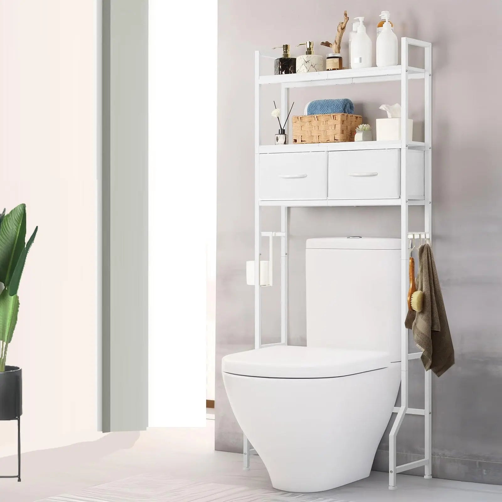 Over The Toilet Storage Cabinet - 3-Tier Freestanding Bathroom Organizer with Fabric Drawers, 4 Hooks, Space-Saving Shelf for Bathroom Use