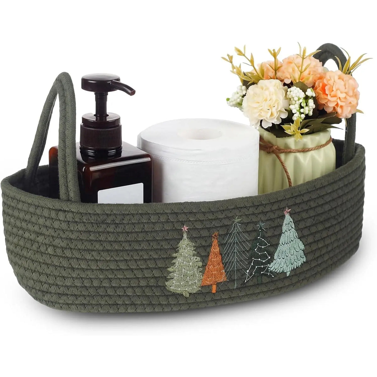 Magnolia Woven Storage Basket for Toilet  Top Boho  Rope Bathroom Countertop Organizer Basket with Handle Green Bathroom Decor for Bedroom  Toys Organizing, 13 x 6 x 4 Inch