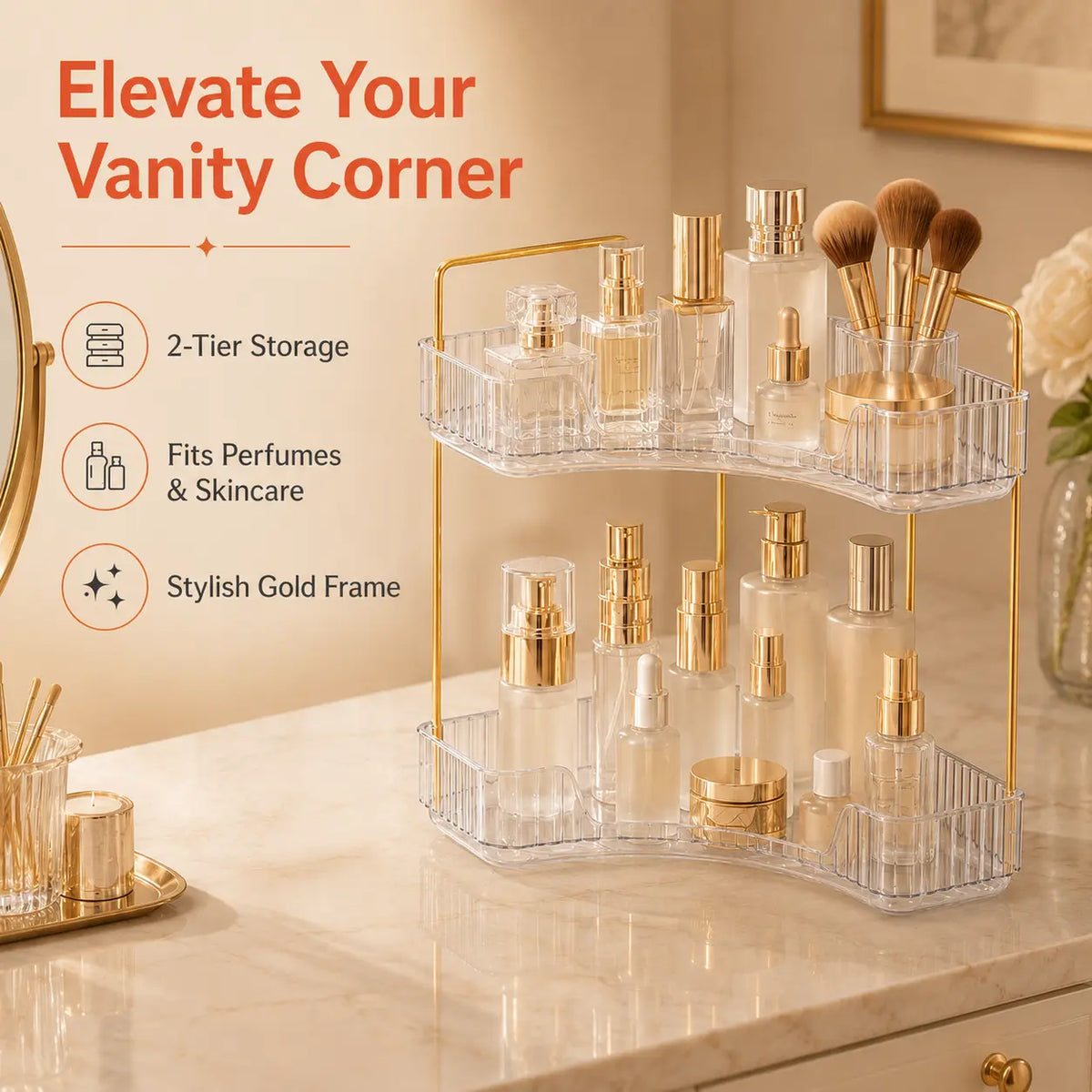 2-Tier Compact Corner Vanity Organizer, Large Cap. Storage Shelf for Makeup, Skincare, Perfume, Bathroom Accessories, Space-Saving Modern Design for Multiple Rooms
