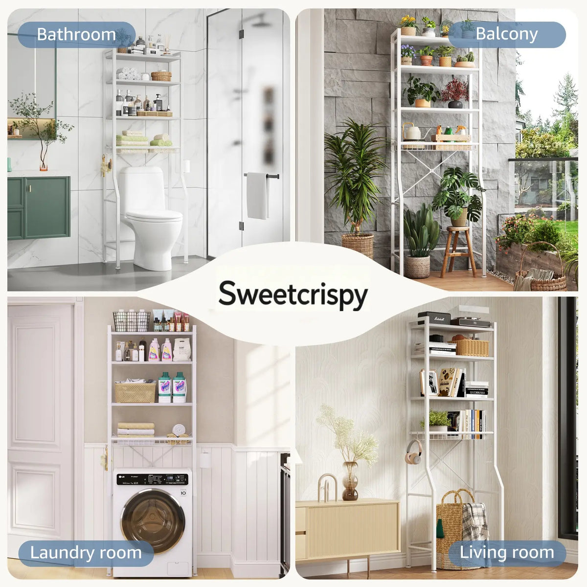 Sweetcrispy Rustic Brown Wood Over-the-Toilet Storage Rack - Bathroom Organizing Accessories with Adjustable Shelf, Removable Storage Basket, Removable Hooks, TP Roll Hooks - Space-Saver for Small Bathrooms, Laundry Rooms