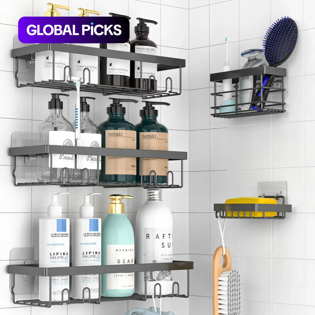 5-Piece Shower Rack Set, No-Drill Adhesive Rust-Proof Bathroom Organizer, Large Capacity Wall-Mounted Shelf, Essential for Bath, Kitchen, Home