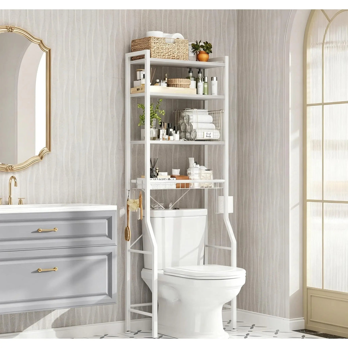 68IN Bathroom Storage Shelf, Space-Saving Over-The-Toilet Rack with 3 Adjustable Shelves, Hooks, Basket – Rustic Farmhouse Freestanding Organizer
