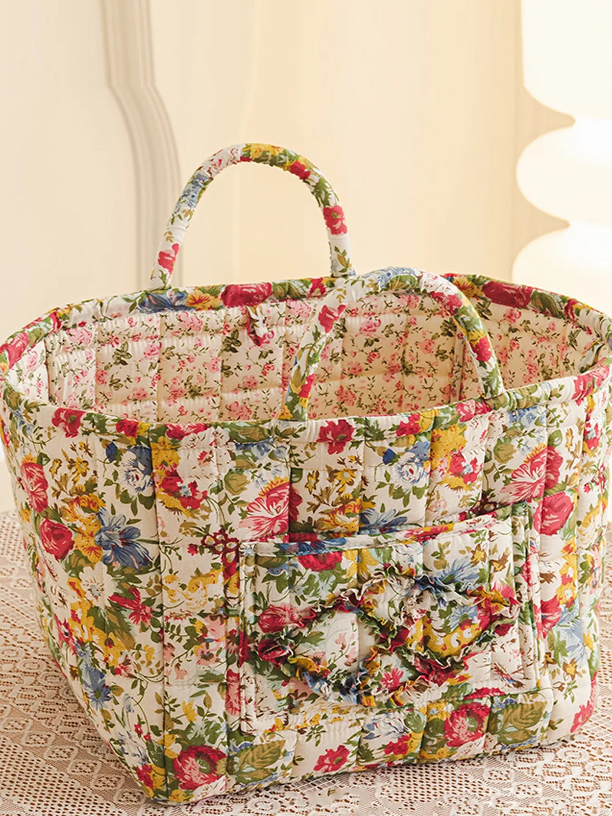 Floral Pattern Fabric Decorative Storage Basket, Portable Home Organizer for Kitchen, Bathroom and Office, Flower, Bathroom Storage Baskets