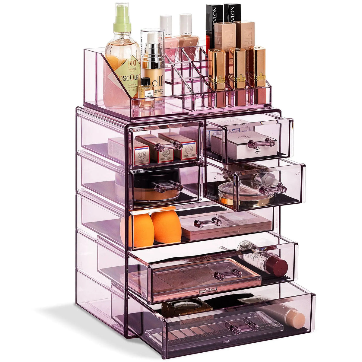 Sorbus Medium Cosmetic Storage Organizer Set - Durable Plastic Boxes with 3 Large Drawers, 4 Small Drawers, Removable Top Tray, Handle, Slide Design for Multicolor Vanity Make-up Bags