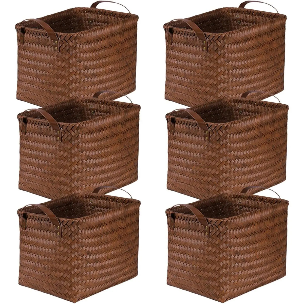 BROWNLILY Handwoven Wicker Storage Baskets with Vegan Leather Accents, 4/6/8-Pack Large Brown Bins with Handles, Decorative Faux Rattan Organizers for Shelves, Laundry, Bathroom Decor