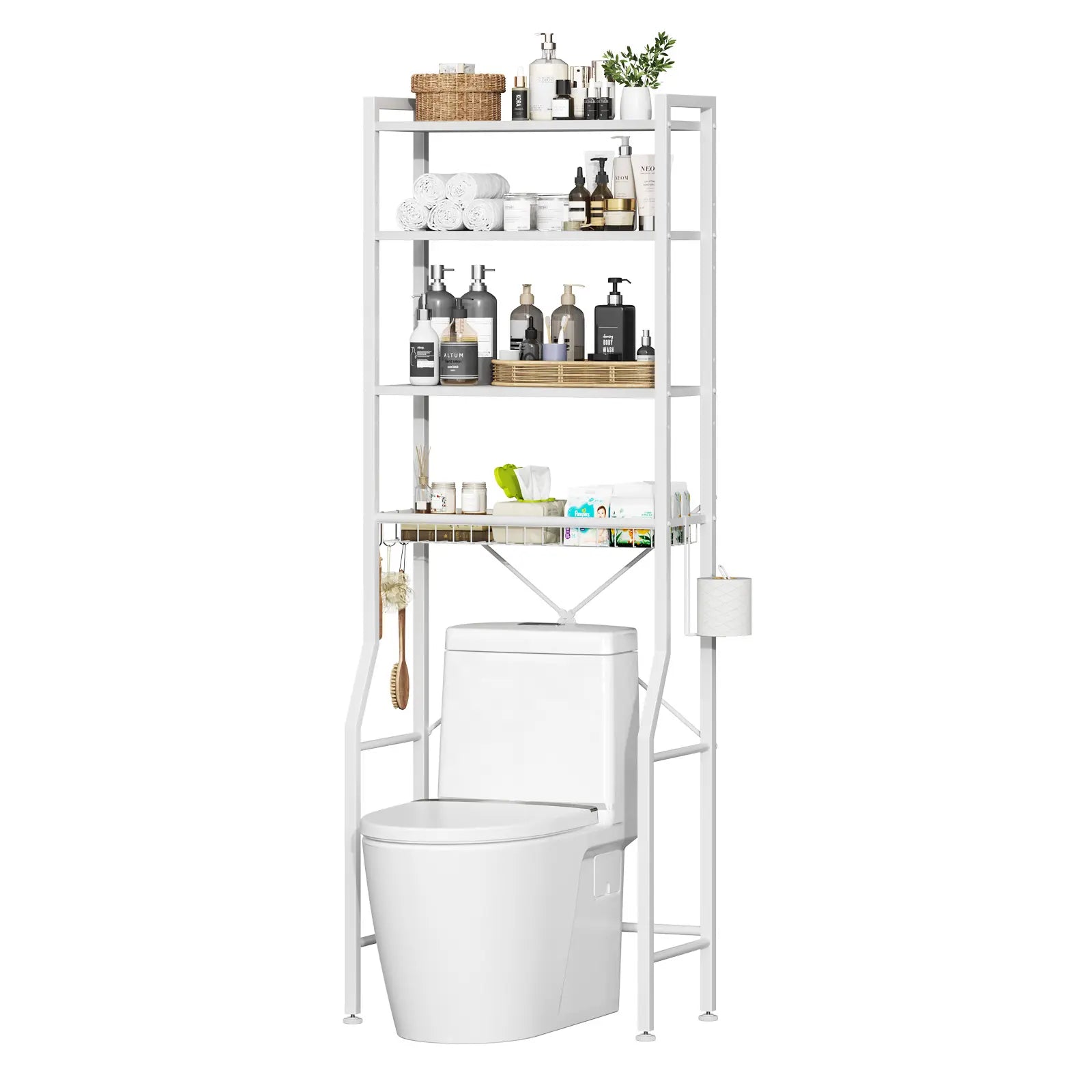 Sweetcrispy Rustic Brown Wood Over-the-Toilet Storage Rack - Bathroom Organizing Accessories with Adjustable Shelf, Removable Storage Basket, Removable Hooks, TP Roll Hooks - Space-Saver for Small Bathrooms, Laundry Rooms
