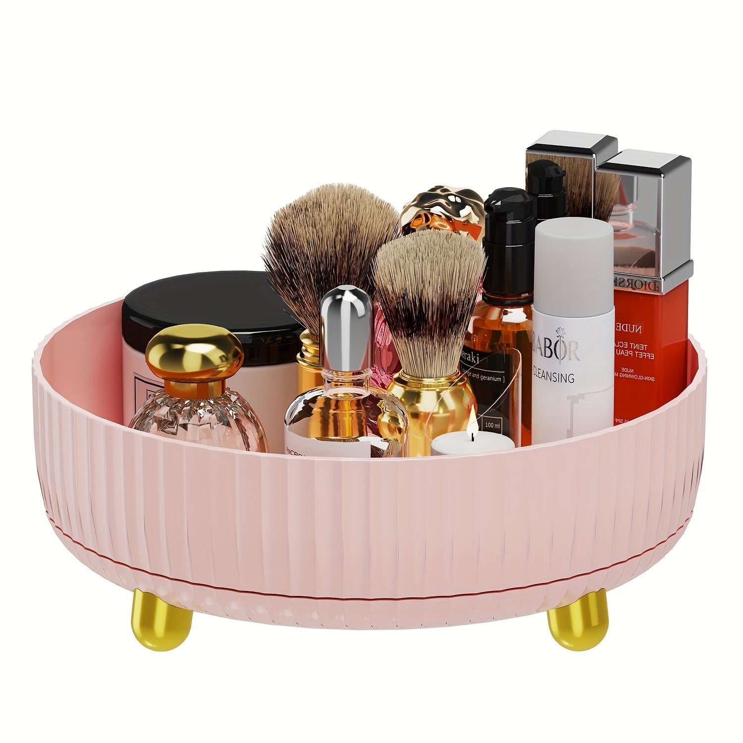 [360 Rotating Vanity Tray] 1pc Large Capacity 360-Degree Rotating Makeup And Perfume Organizer - Sleek Vanity Storage Tray with Golden Accents, Ribbed Edge Design for Stability, No Assembly Required, Vanity Tray