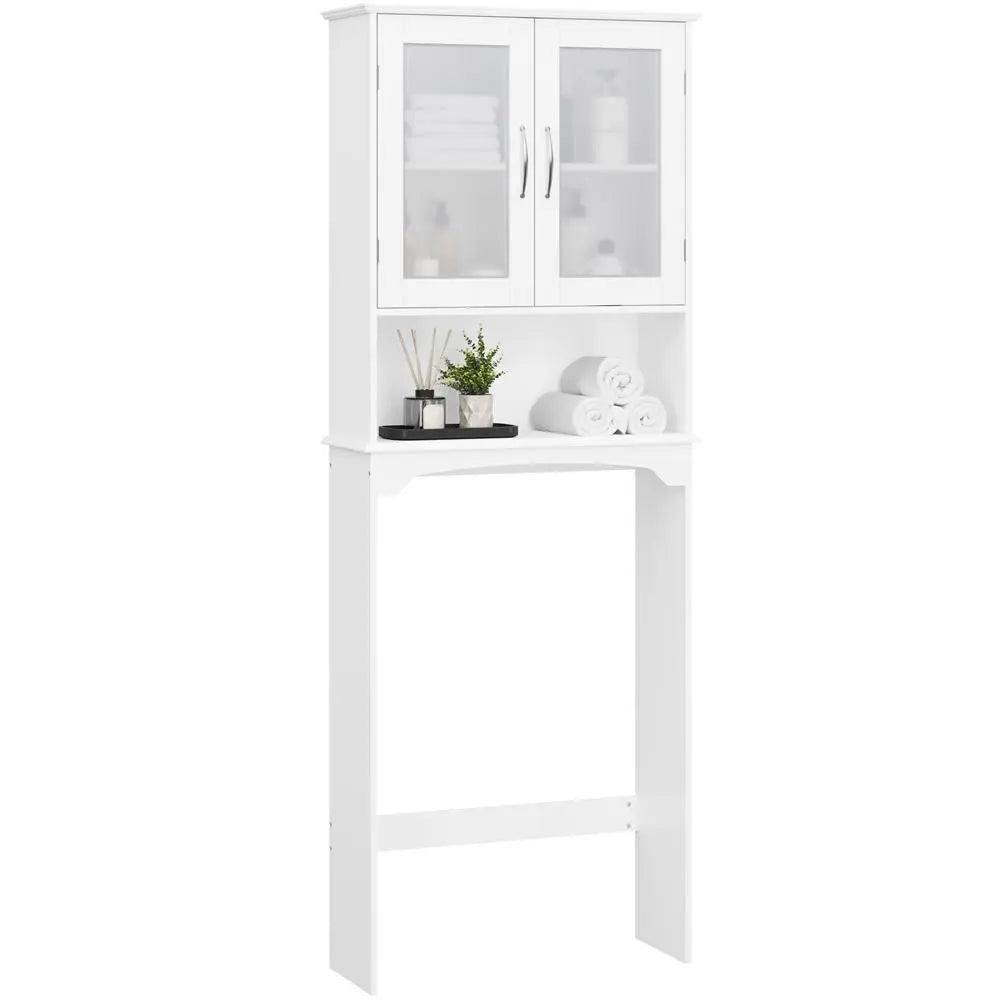 Costoffs Modern Over-The-Toilet Storage Cabinet, Space-Saving Indoor Bathroom Cupboard with Adjustable Shelf, Tempered Glass Doors, Open Shelf, White Unit for Bathroom Organizers,dorm essentials,home decor