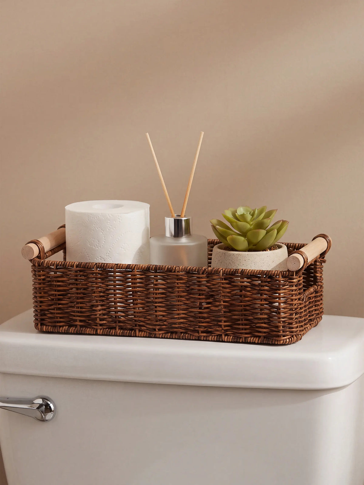 BROWNLILY Classic Handwoven Wicker Toilet Storage Basket with Wooden Handle, Durable Rectangular Bathroom Woven Storage Organizer for Toilet Paper, Towels, Vanity Counter Use, Faux Rattan