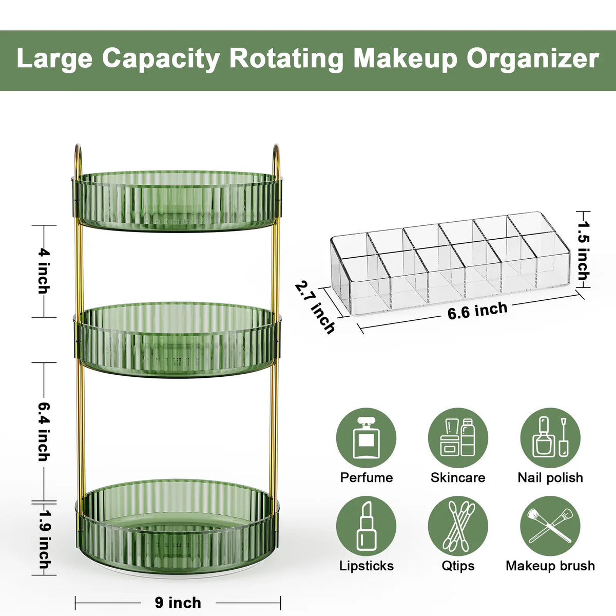 GooBird 360° Rotating Round Metal Makeup Tool Organizer Storage, User-Friendly Collapsible Stackable Vanity Shelf with Bonus 12-Slot Lipstick Holder, Multifunctional Bin for Makeup, Perfume, Skincare, Bathroom Birthday Gift for Girlfriend, Collapsible Sto
