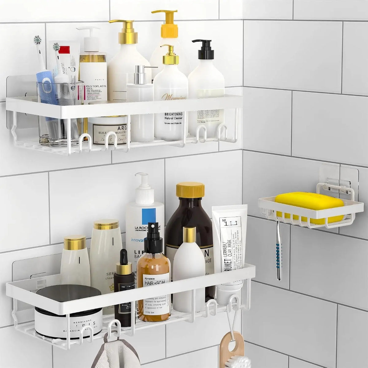 3-Pack Stainless Steel Shower Caddy Baskets with Soap Holder, No-Drilling Traceless Adhesive Wall Shelves, Rust-Resistance Black Bathroom Storage Organizer