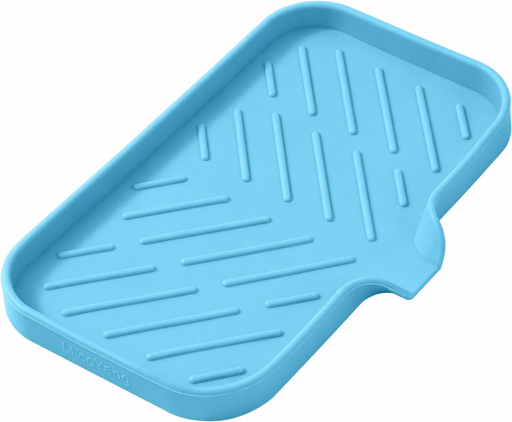 MicoYang Silicone Soap Dish with Drain Spout, Self-Draining Sink Organizer Tray for Bathroom and Kitchen, Sponges, Dispensers and Soap Holder, Non-Slip and Dishwasher Safe, Black (Compact, 4.9"×3.2")