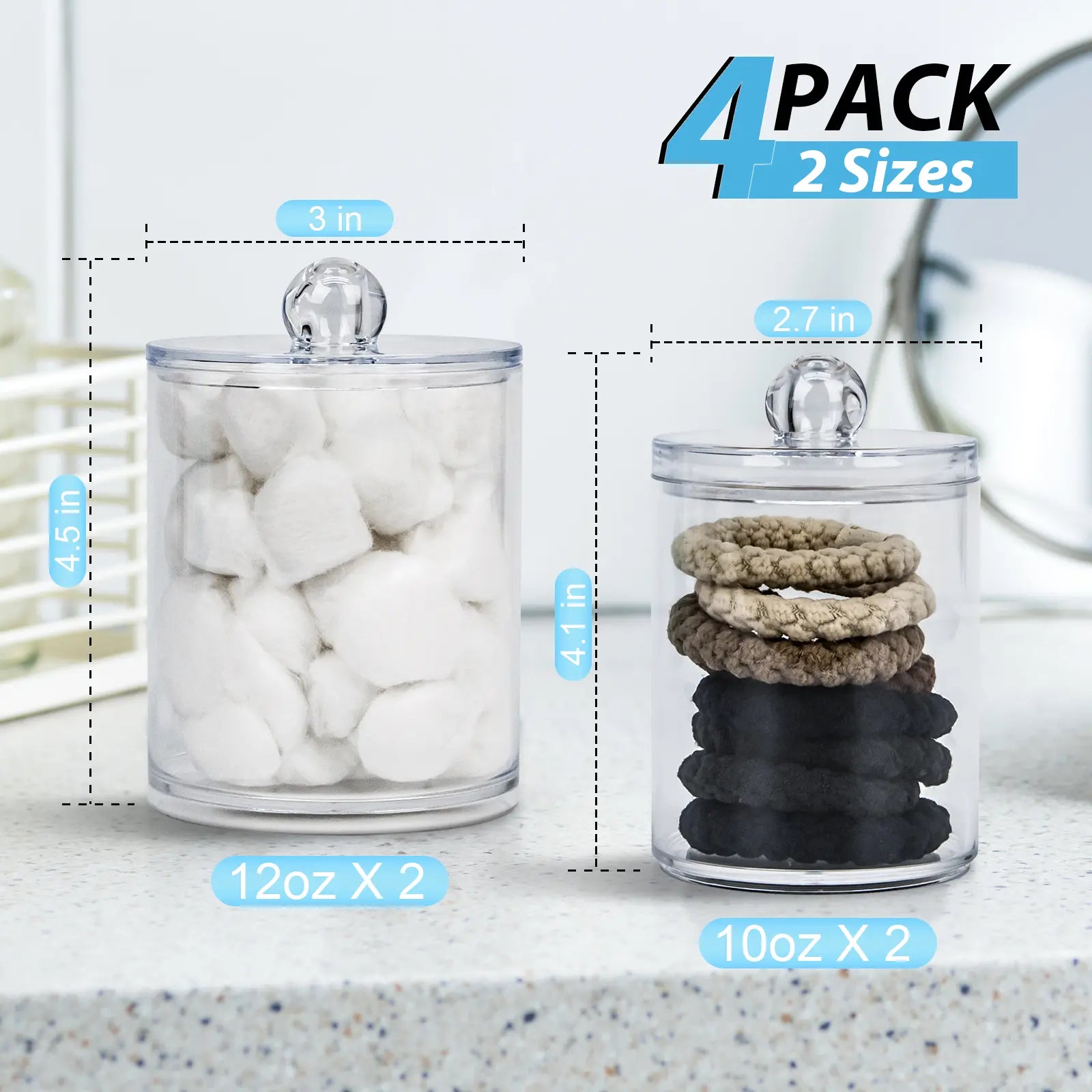 4-Pack Qtip Holder Dispenser - Small Clear Plastic Storage Jars Set for Bathroom Organization, Vanity Makeup Organizer