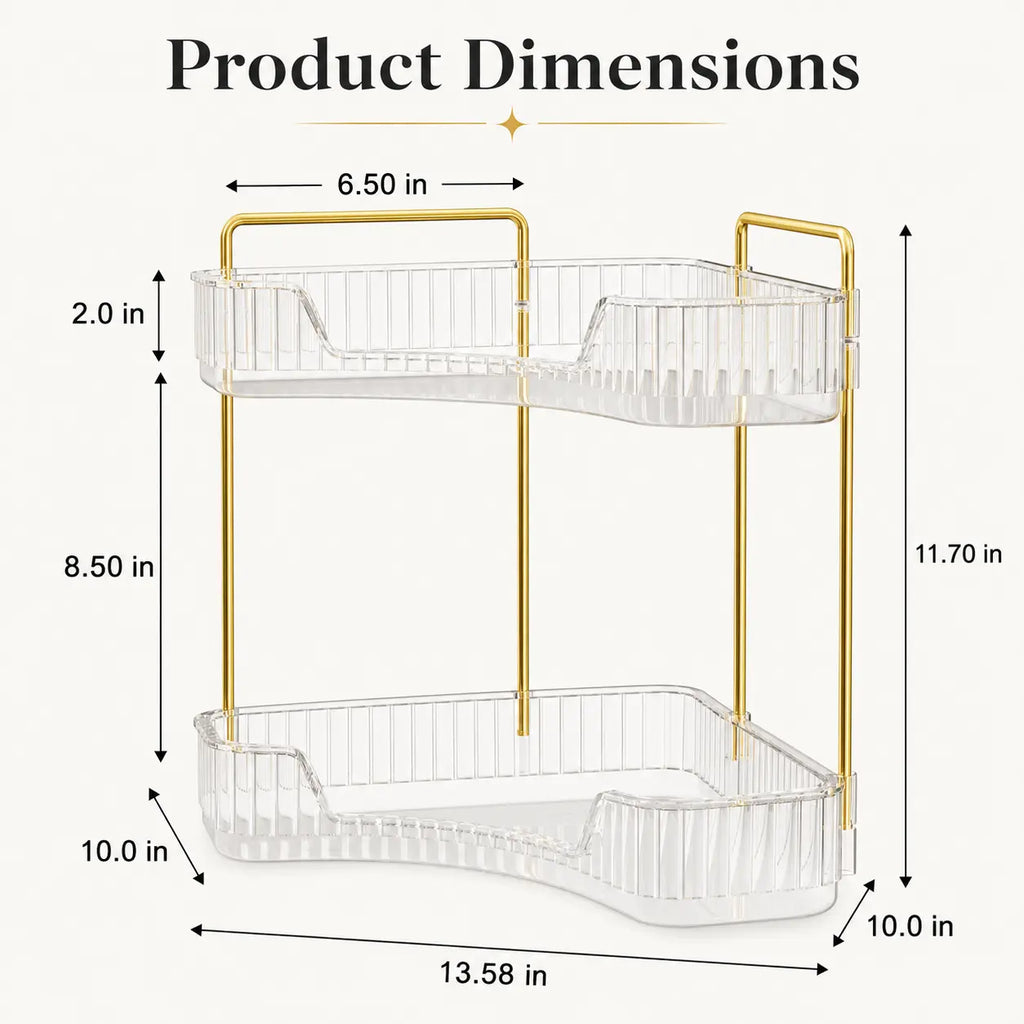 2-Tiers Plastic Corner Bathroom Counter Organizer - Gold Metal Pole Shelves, Makeup Organizer Storage Rack, Cosmetic Perfume Tray Holder for Vanity Sink, Bathroom Gadget, Bathroom Accessories