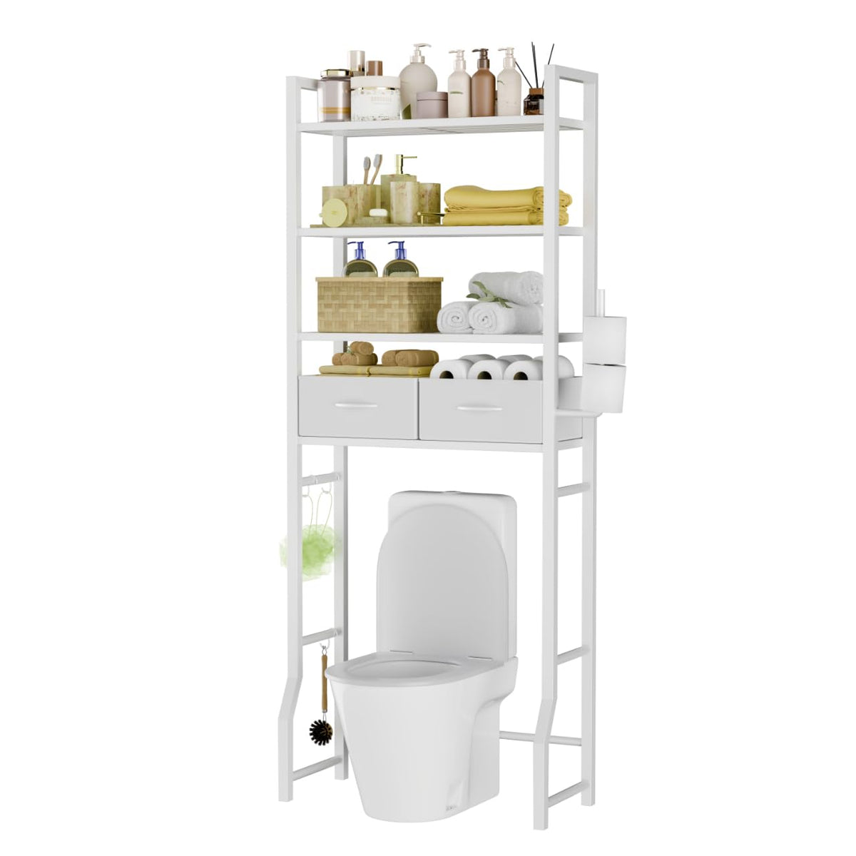 Simple Trending Over The Toilet Storage Cabinet, Metal Bathroom Shelf Organizer with Paper Holder and Hooks, 3 Tier, Black