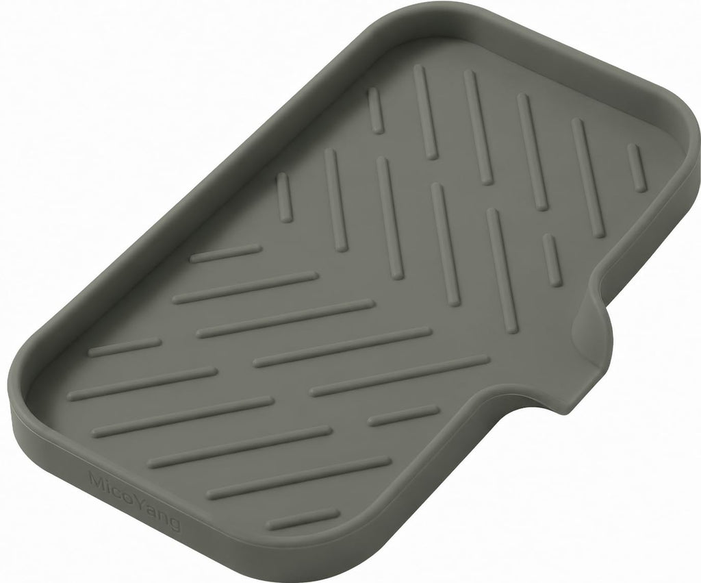 MicoYang Silicone Soap Dish with Drain Spout, Self-Draining Sink Organizer Tray for Bathroom and Kitchen, Sponges, Dispensers and Soap Holder, Non-Slip and Dishwasher Safe, Black (Compact, 4.9"×3.2")