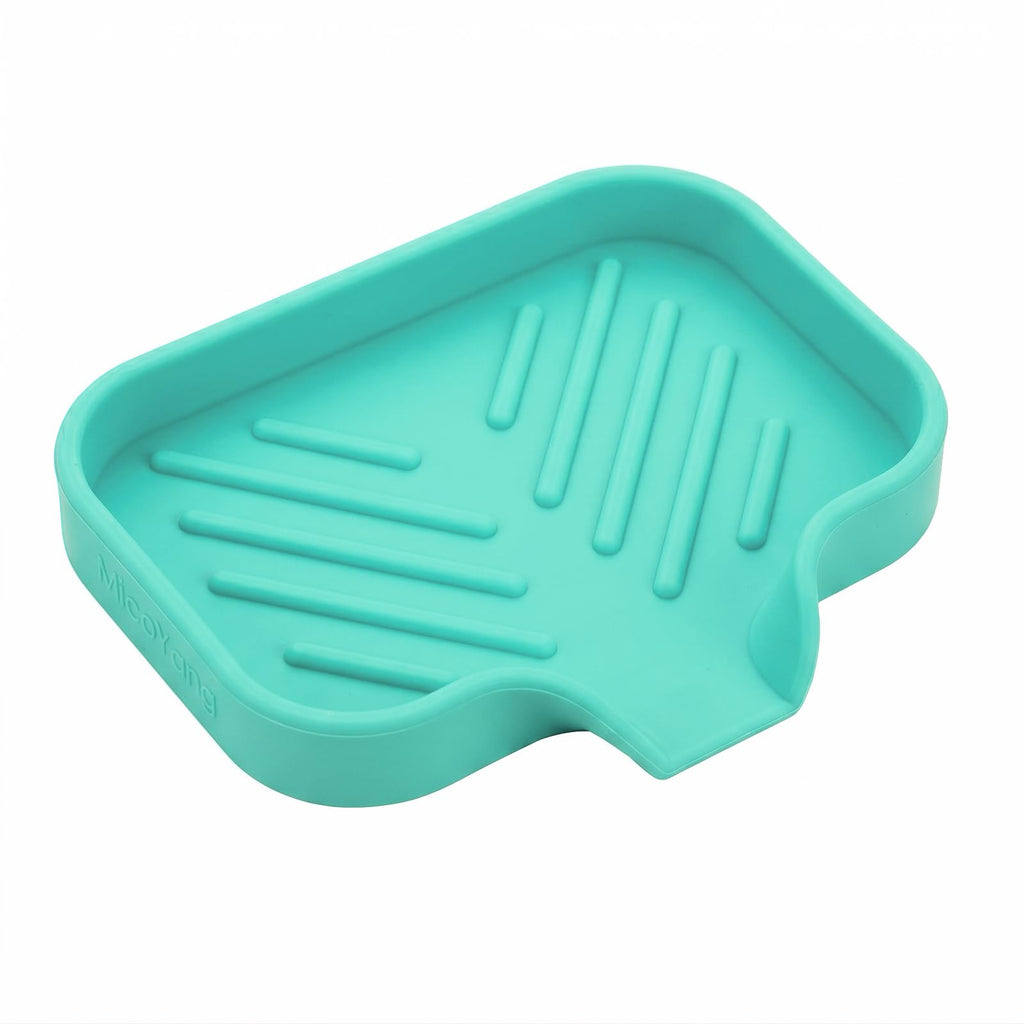 MicoYang Silicone Soap Dish with Drain Spout, Self-Draining Sink Organizer Tray for Bathroom and Kitchen, Sponges, Dispensers and Soap Holder, Non-Slip and Dishwasher Safe, Black (Compact, 4.9"×3.2")