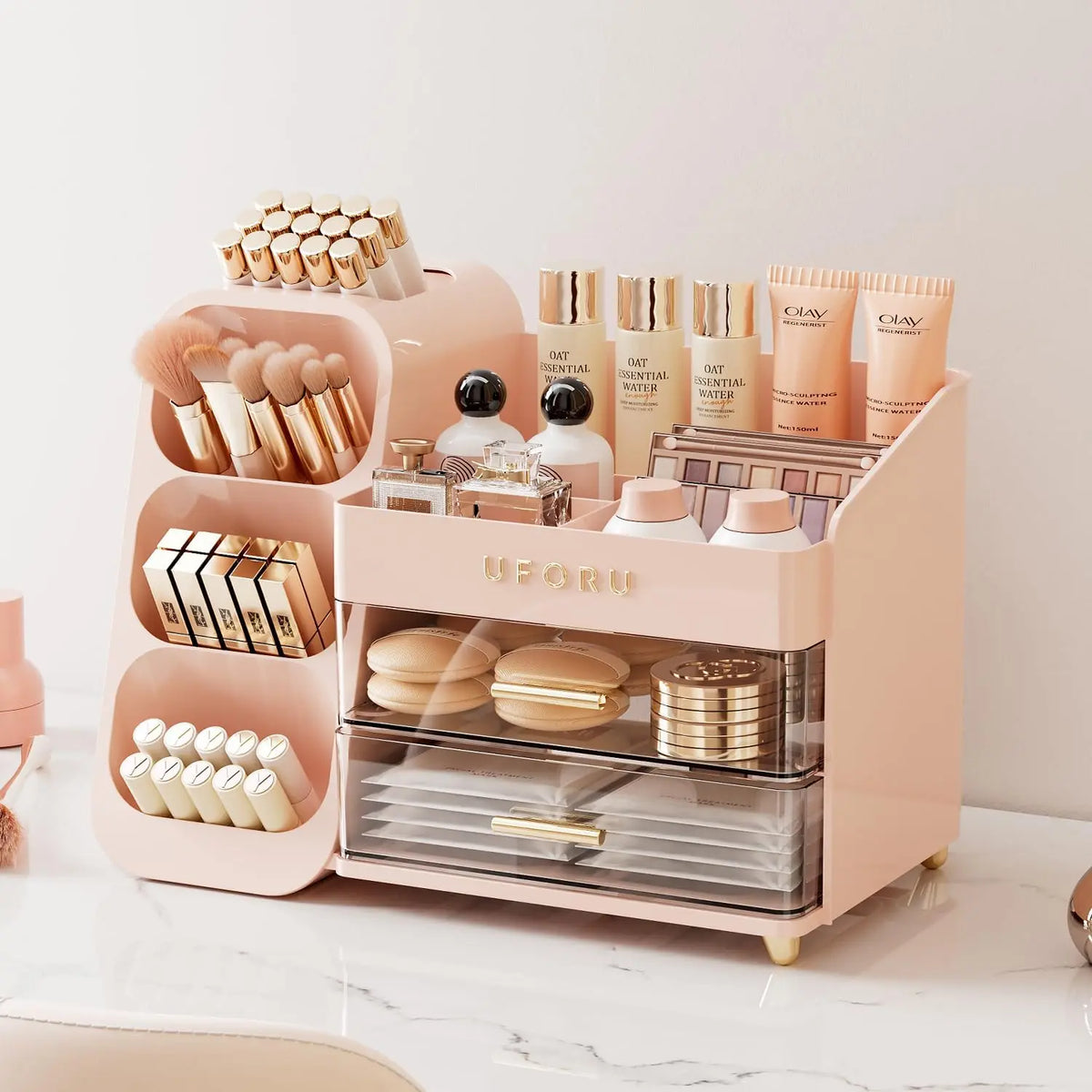 UFORU Modern Large Capacity Makeup Organizer - Vanity Accessories Storage Box for Makeup Brushes, Lipsticks, Eyebrow Pencils, Pocket Mirrors - Desktop Cosmetic Organiser for Home & Travel
