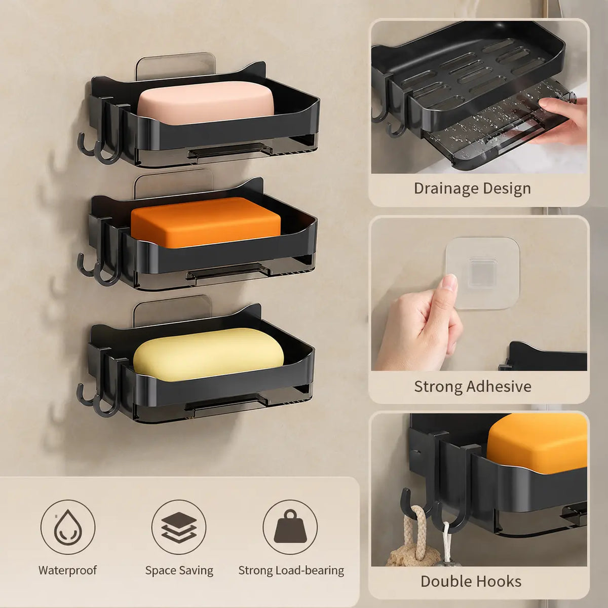 2-Layer Floating Soap Bar Holder - Adhesive Wall-Mounted Container with Removable Washable Drain Tray, Double Hanging Hooks, Waterproof for Bathroom Shower Storage (Home Bathroom Supplies), Bar Soap Container, Bathroom Storage