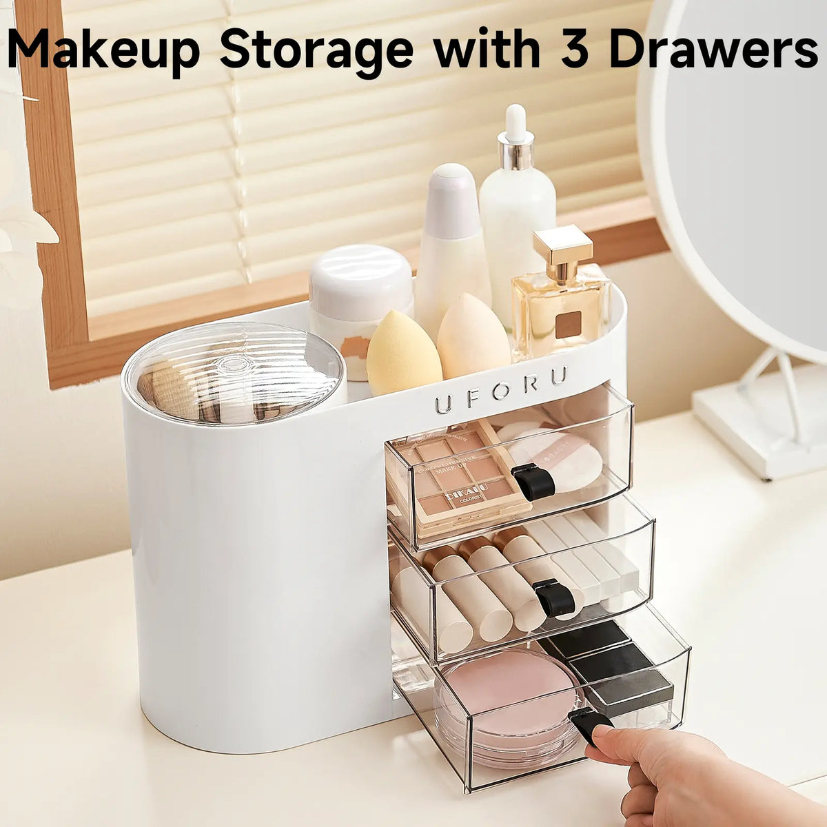 UFORU Plastic Makeup Tool Organizer with Drawers, 4-Slot 1-Touch Open Brush Holder, Spacious Storage Organization for Vanity Dresser & Bathroom Countertop (White)