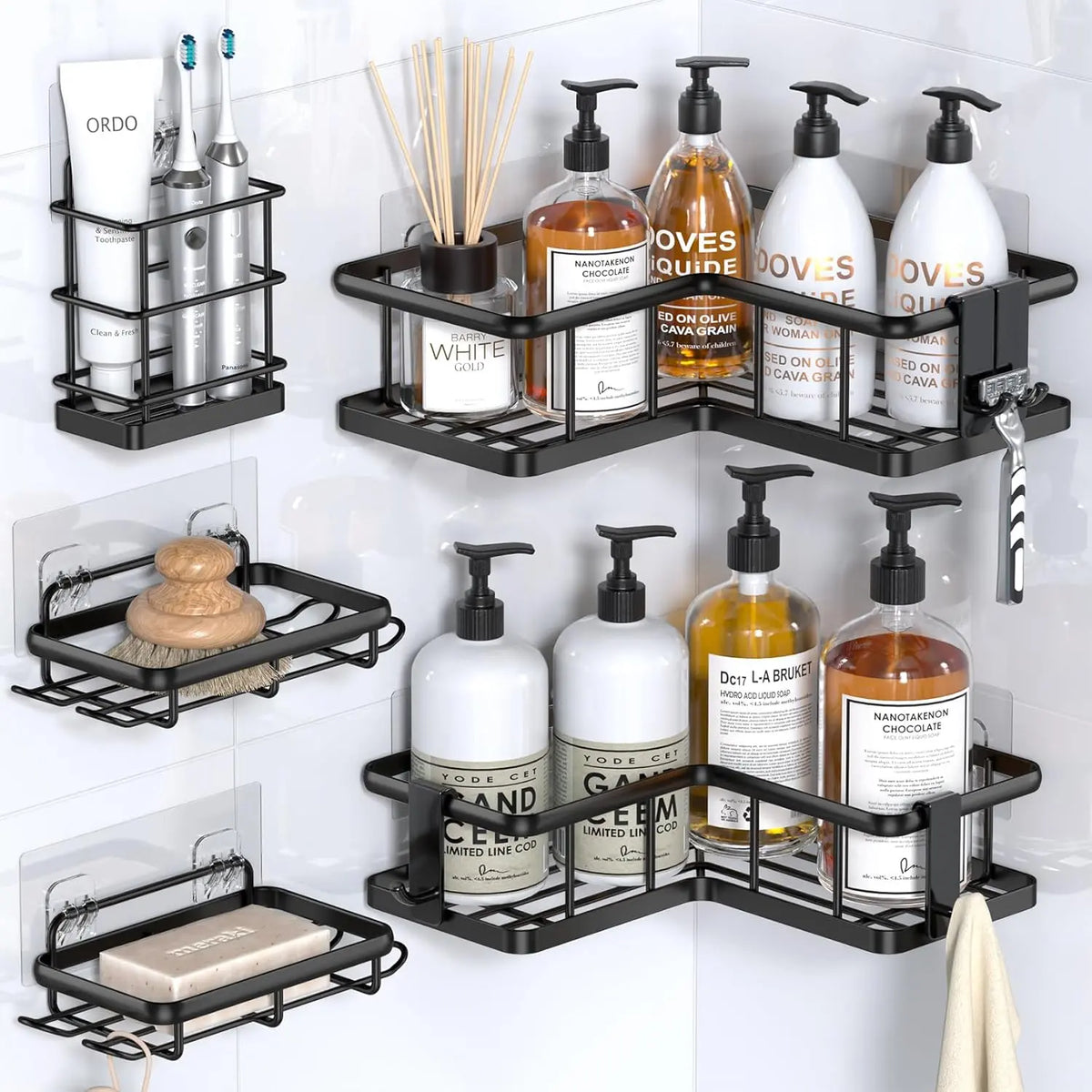 5-Pack Industrial Look Shower Organizers, No-Drill Self-Adhesive Bathroom Storage Shelves, Rustproof Stainless Steel Wall-Mount Bath Storage Holder with 3 Hooks for Dorm, Rental House
