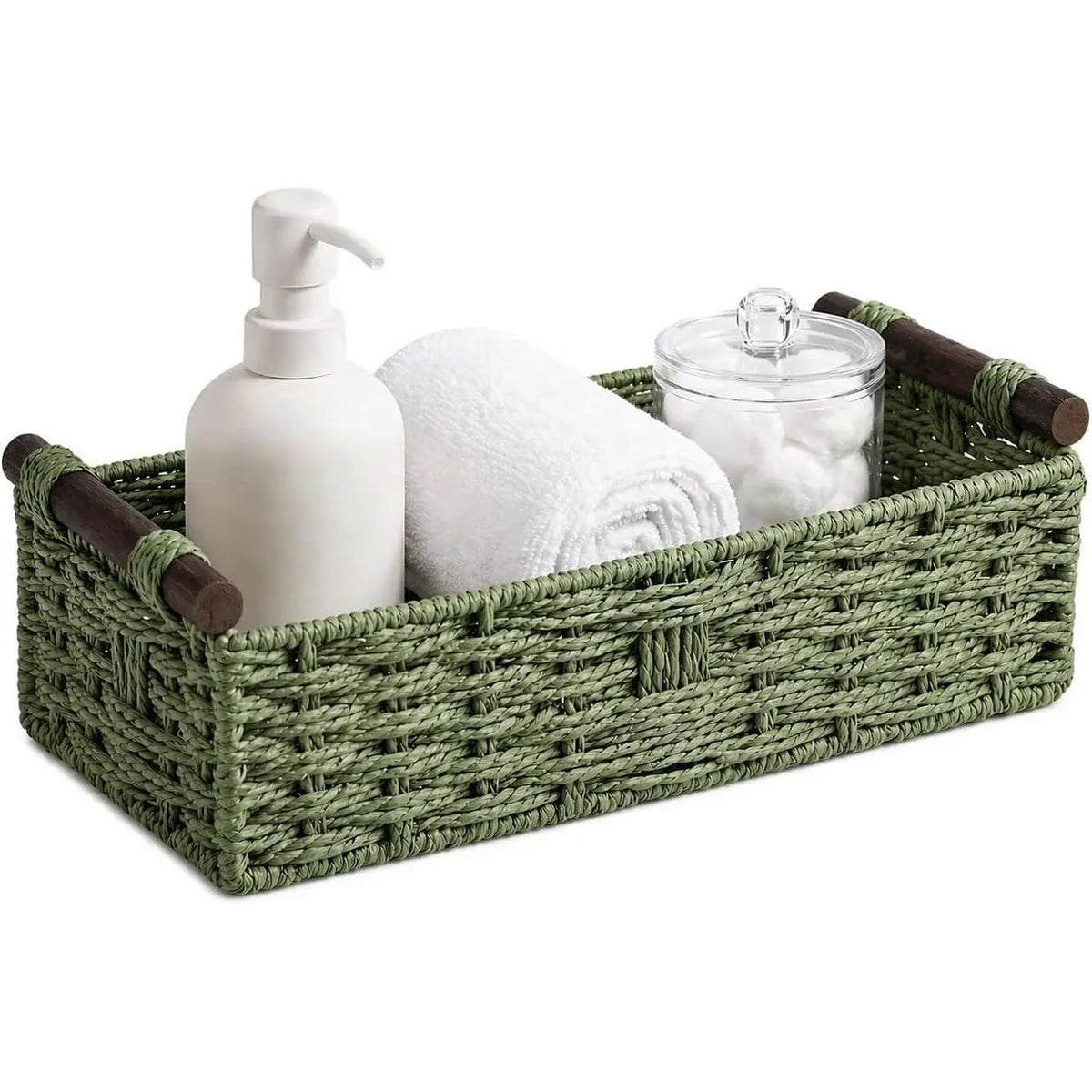 Woven Bathroom Basket with Wood Handles — Toilet Paper Storage Organizer, Back of Toilet Basket, Natural Wicker Basket for Tank Top, Countertop or Shelf