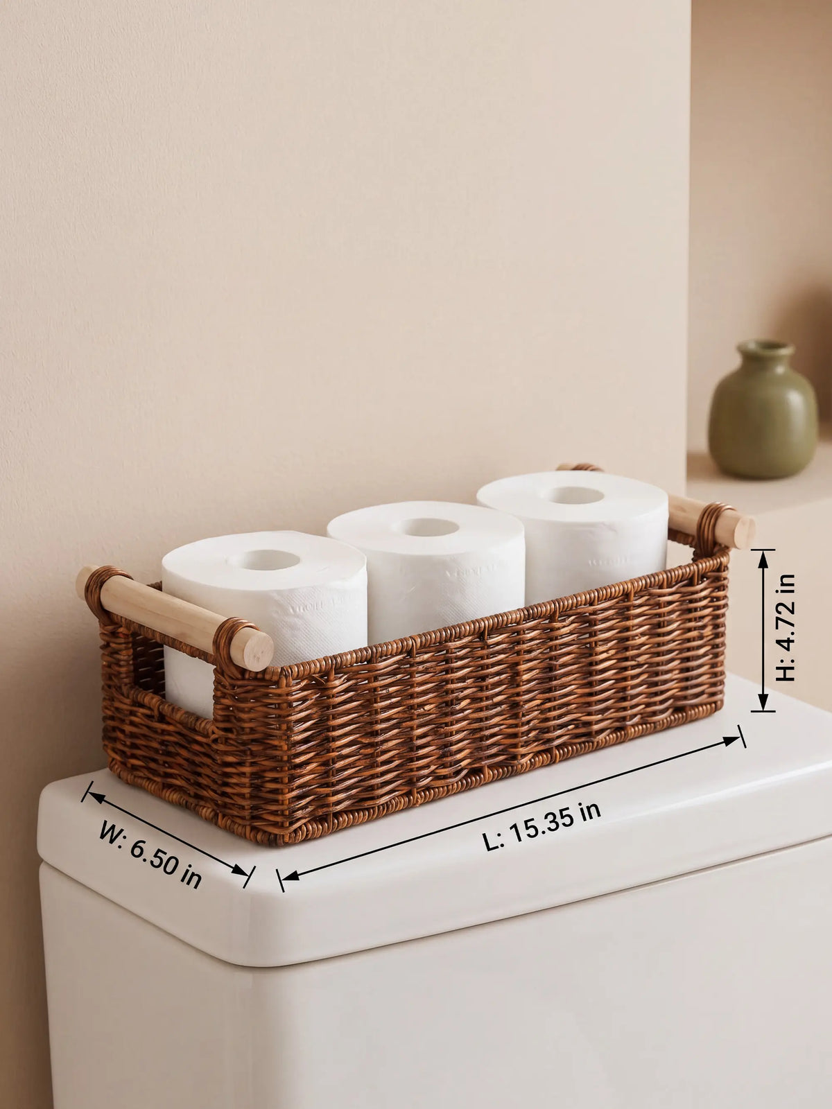 BROWNLILY Classic Handwoven Wicker Toilet Storage Basket with Wooden Handle, Durable Rectangular Bathroom Woven Storage Organizer for Toilet Paper, Towels, Vanity Counter Use, Faux Rattan