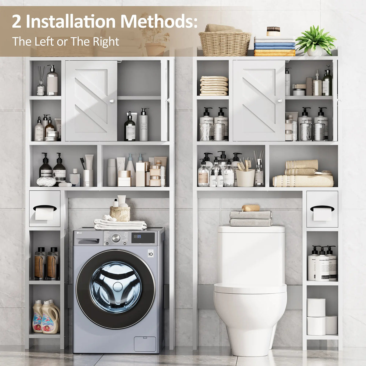 Walsunny Over The Toilet Storage Cabinet, Farmhouse Storage Cabinet with 2 Barn Door & Toilet Paper Holder Stand, Toilet Rack for Bathroom, Laundry Furniture Organizer