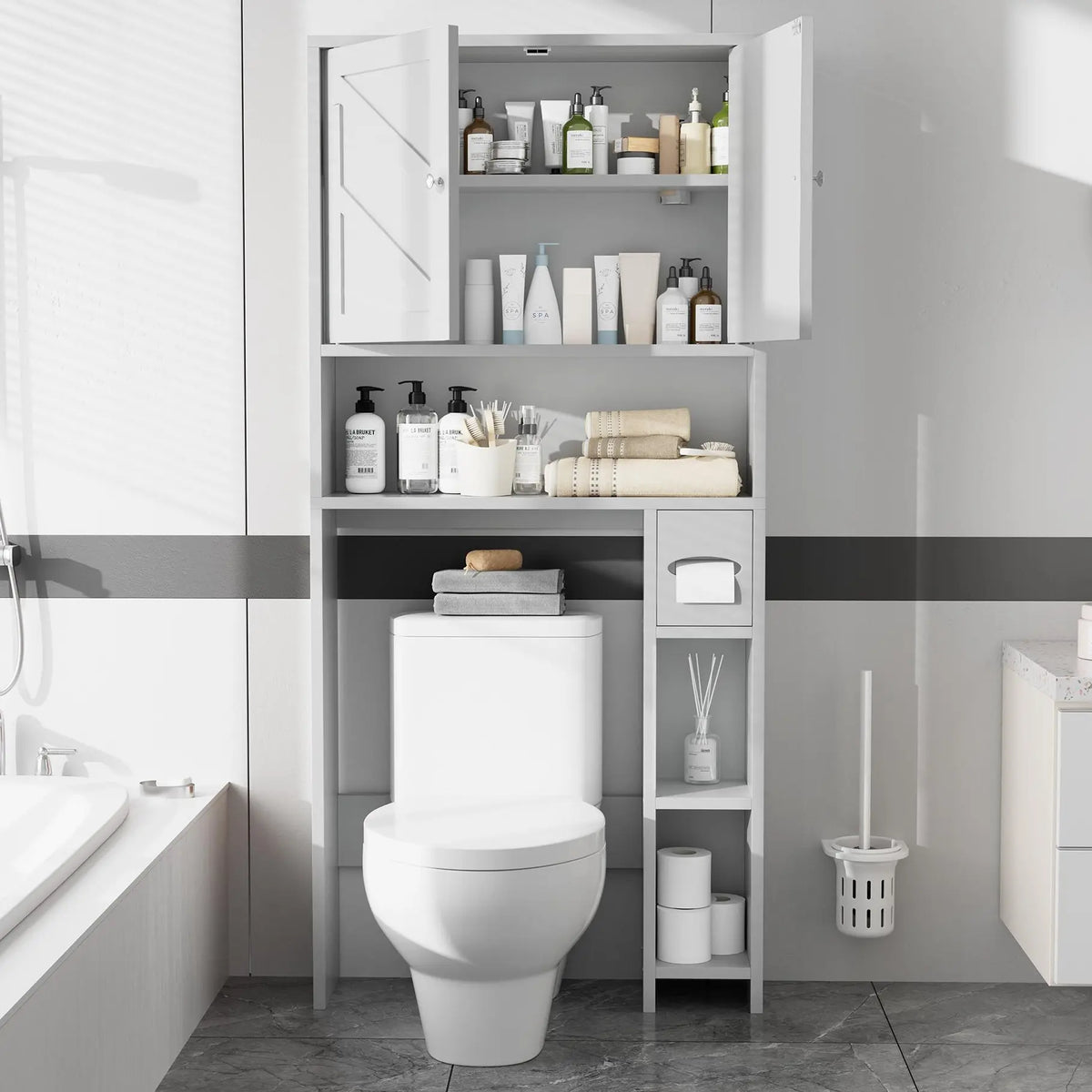 Walsunny Over The Toilet Storage Cabinet, Bathroom Farmhouse Storage Cabinet with Adjustable Shelf, 2-Door Toilet Storage Rack with Toilet Paper Holder, White