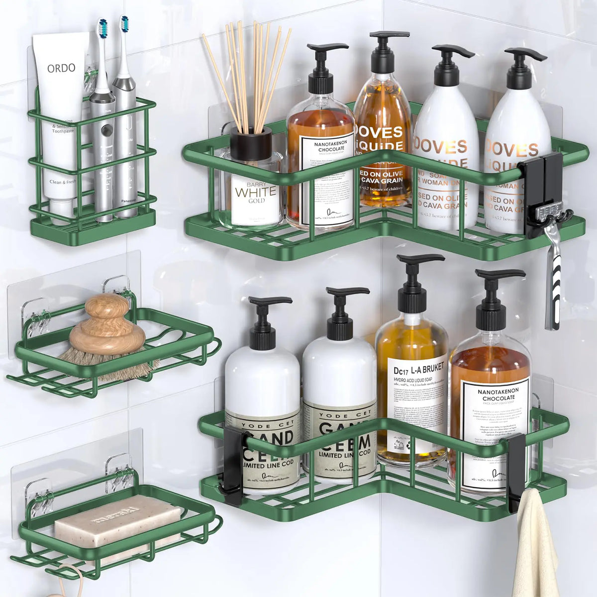 5-Pack Industrial Look Shower Organizers, No-Drill Self-Adhesive Bathroom Storage Shelves, Rustproof Stainless Steel Wall-Mount Bath Storage Holder with 3 Hooks for Dorm, Rental House