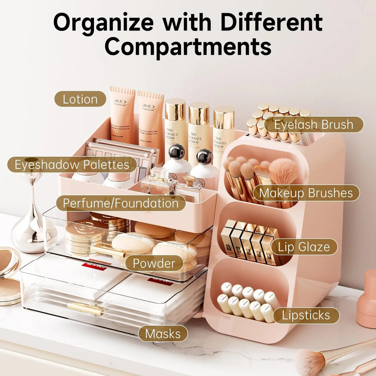 UFORU-Large Capacity Makeup Storage Box, Multi-functional Makeup Brush Lipstick Eyebrow Pencil Storage Box, Desktop MakeupOrganizer,Cosmetics Organizer Storage, jewelry organizer Pink,White,dorm essentials,home decor