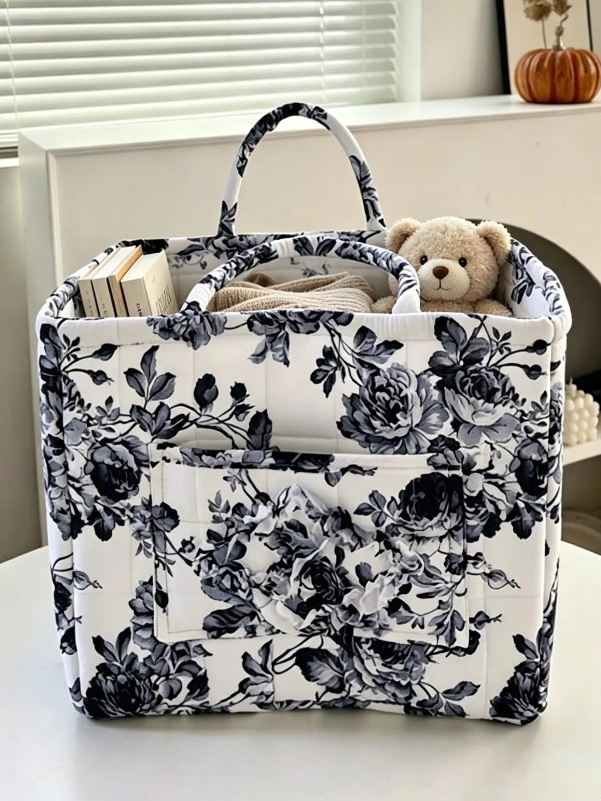 Vintage Floral Quilted with Double Handles, Foldable Fabric Organizer Tote for Bathroom Car Picnic, Bathroom Storage Baskets