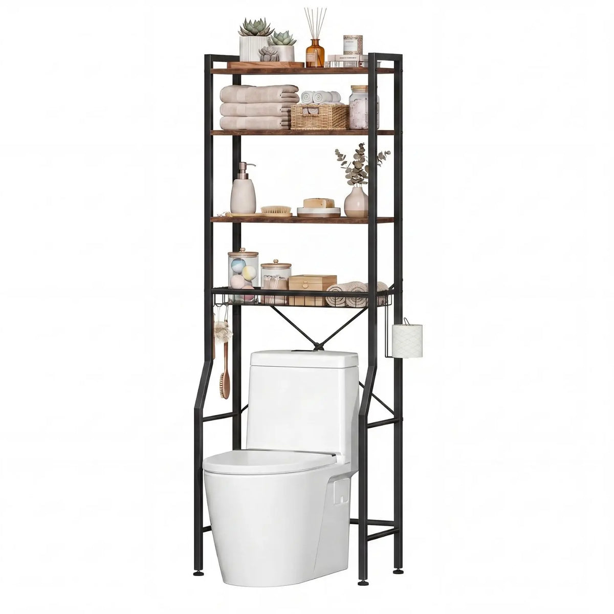 68IN Bathroom Storage Shelf, Space-Saving Over-The-Toilet Rack with 3 Adjustable Shelves, Hooks, Basket – Rustic Farmhouse Freestanding Organizer