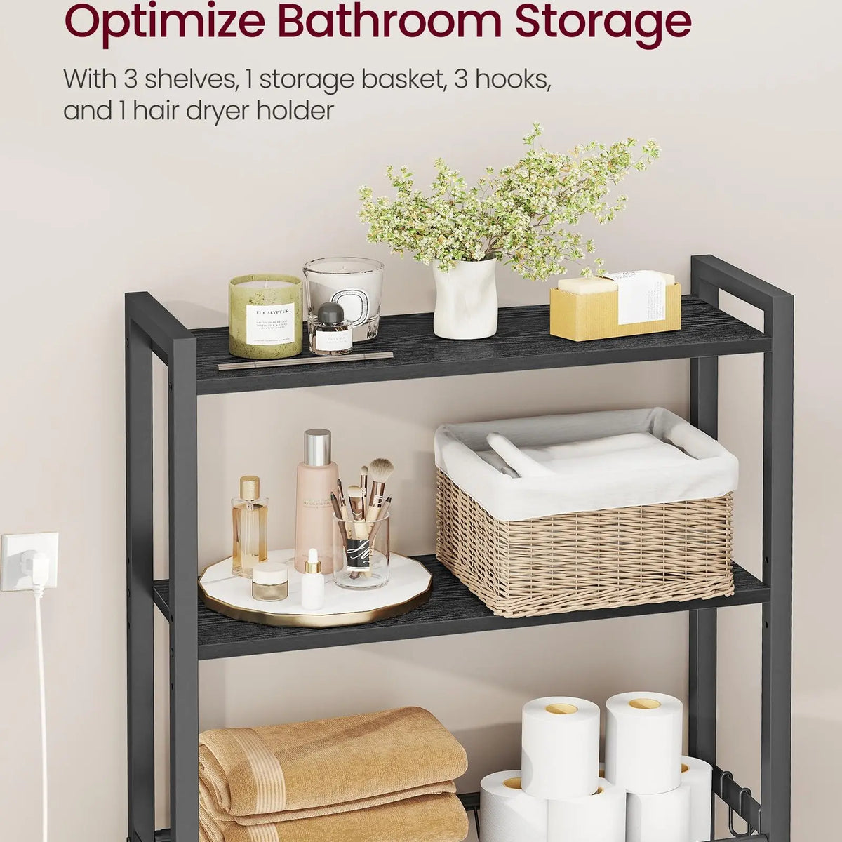VASAGLE Wall-Mount Over-the-Toilet Storage Cabinet, Bathroom Organizers with Adjustable Multiple-Tier Shelves, Basket, 3 Hooks, Space-Saving Indoor Cupboard