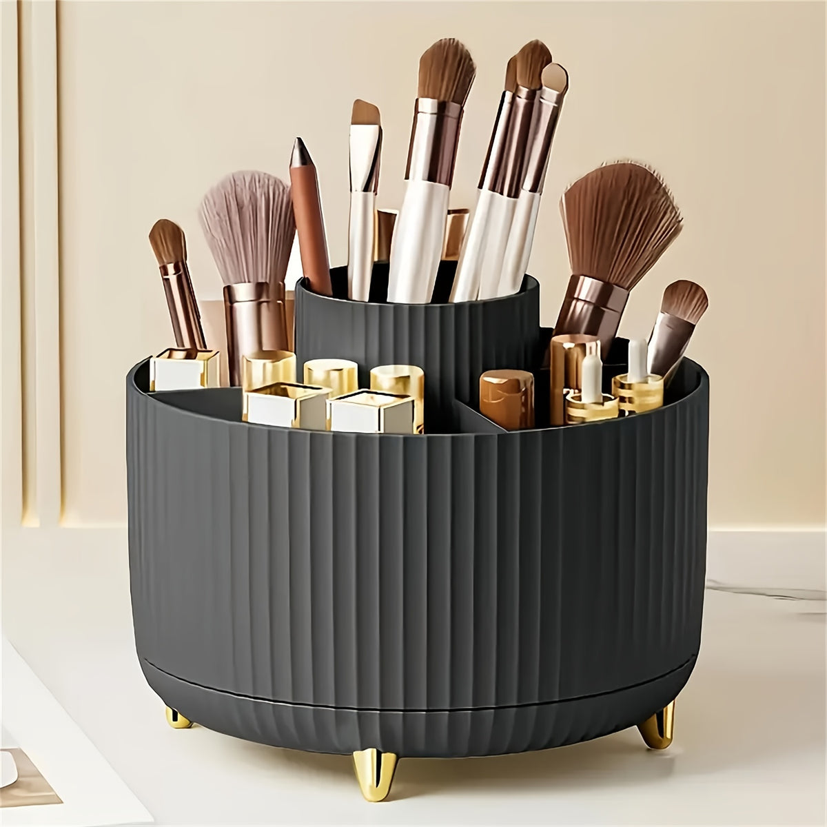 [360° Rotating Makeup Organizer] 360° Rotating Makeup Organizer - 1pc Plastic Cosmetic Storage With 5 Compartments - Multi-Functional Holder For Brushes, Lipsticks, Skin Care Products, And Stationery - Durable Unscented Desk Caddy With Stripe Design
