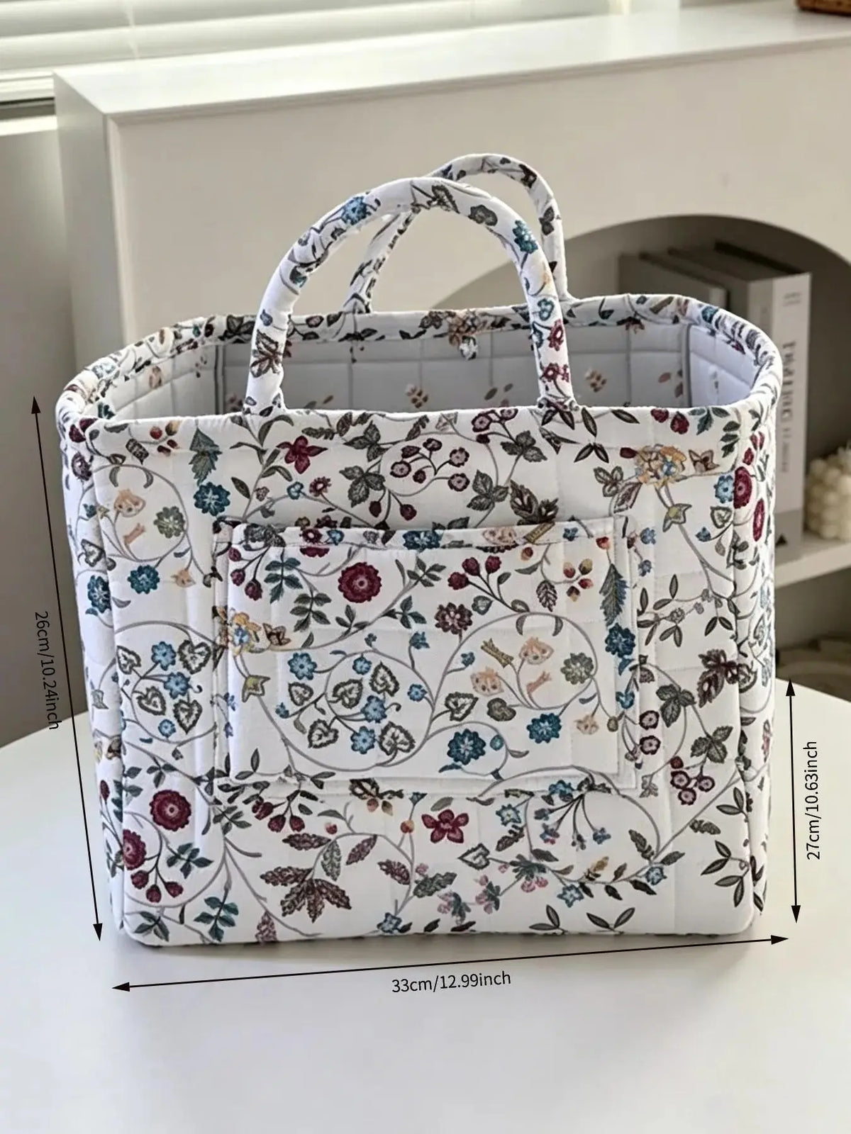 Vintage Floral Quilted with Double Handles, Foldable Fabric Organizer Tote for Bathroom Car Picnic, Bathroom Storage Baskets