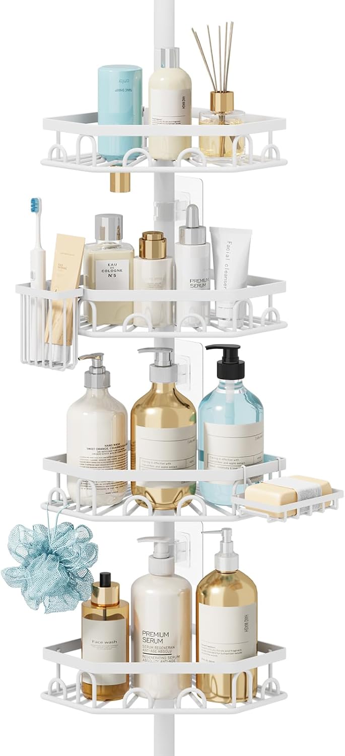 Consumest Shower Caddy Tension Pole - 4 Tier Corner Shower Shelves with Brush & Soap Holder, 304 Stainless Steel Rustproof Adjustable Organizer Rack for Bathtub, Bathroom, 27.6-108.3 Inch, White