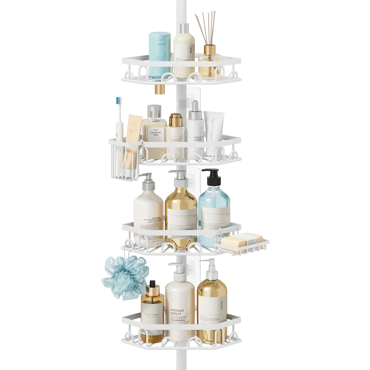 Consumest Shower Caddy Tension Pole - 4 Tier Corner Shower Shelves with Brush & Soap Holder, 304 Stainless Steel Rustproof Adjustable Organizer Rack for Bathtub, Bathroom, 27.6-108.3 Inch, White