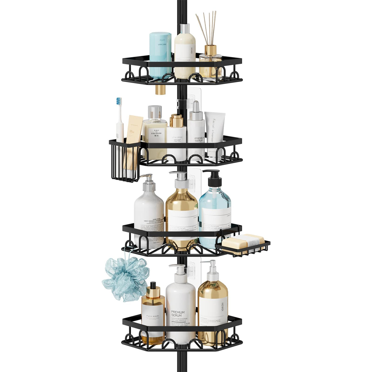 Consumest Shower Caddy Tension Pole - 4 Tier Corner Shower Shelves with Brush & Soap Holder, 304 Stainless Steel Rustproof Adjustable Organizer Rack for Bathtub, Bathroom, 27.6-108.3 Inch, White