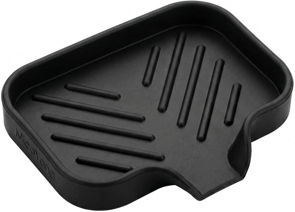 MicoYang Silicone Soap Dish with Drain Spout, Self-Draining Sink Organizer Tray for Bathroom and Kitchen, Sponges, Dispensers and Soap Holder, Non-Slip and Dishwasher Safe, Black (Compact, 4.9"×3.2")