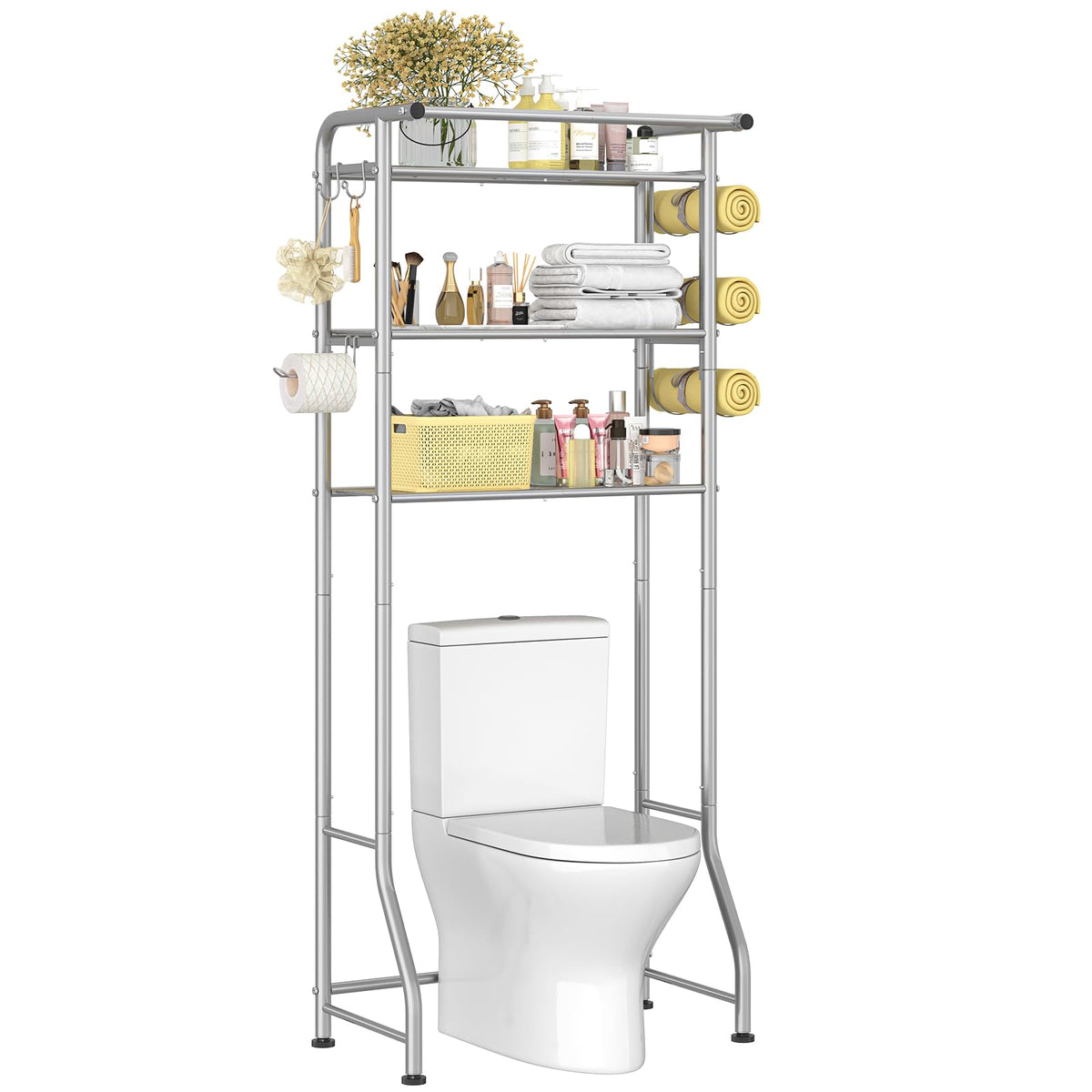 Simple Trending Over The Toilet Storage Cabinet, Metal Bathroom Shelf Organizer with Paper Holder and Hooks, 3 Tier, Black