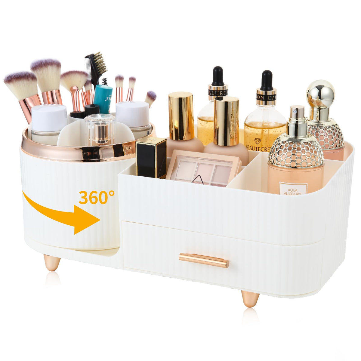 Makeup Organizer Countertop with Drawer 360 Rotating Brush Holder Storage Large Capacity Skincare Cosmetic Display Cases for Vanity Bathroom Desktop, Model 3016 White