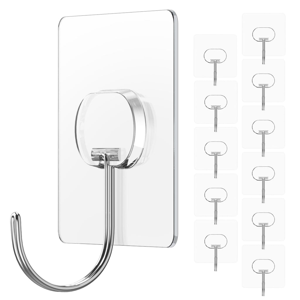Adhesive Wall Hooks No Drill Clear Heavy Duty, 13LB Sticky 12 Pack