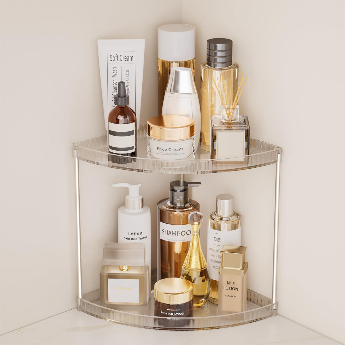 3 Tier Corner Bathroom Counter Organizer, Clear Vanity Makeup Storage Shelf